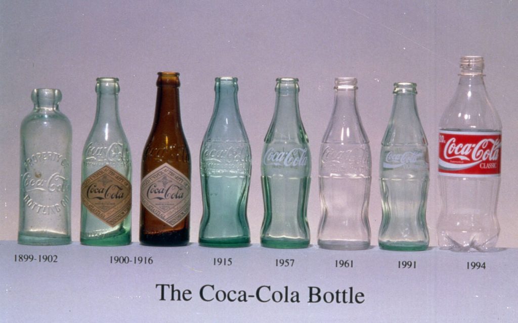 Evolución de la forma de la botella de Coca-Cola desde 1899 hasta 1994, ocho versiones en fila