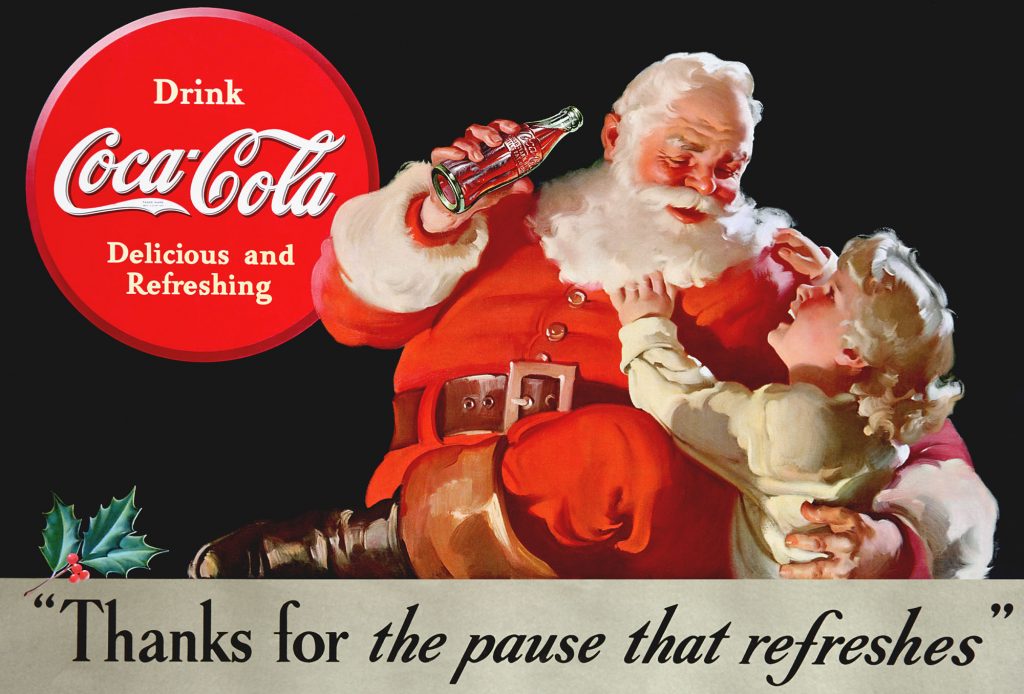 Anuncio publicitario de Coca-Cola de los años 30 ilustrado por Haddon Sundblom, con Papá Noel bebiendo la marca junto a un niño