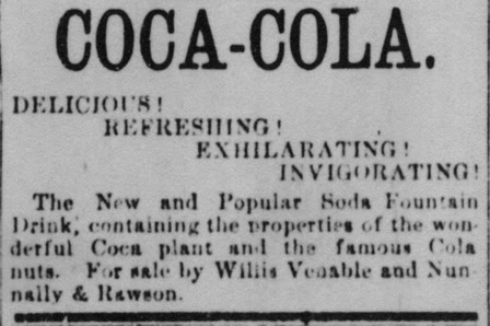 Anuncio de prensa de mayo de 1886 con el nombre Coca-Cola en letras de imprenta, antes de adoptar el script cursivo de Robinson