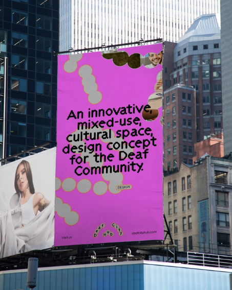 Cartel publicitario en Times Square con la identidad de DeafCity Hub: círculos irregulares en rosa fucsia sobre fondo morado