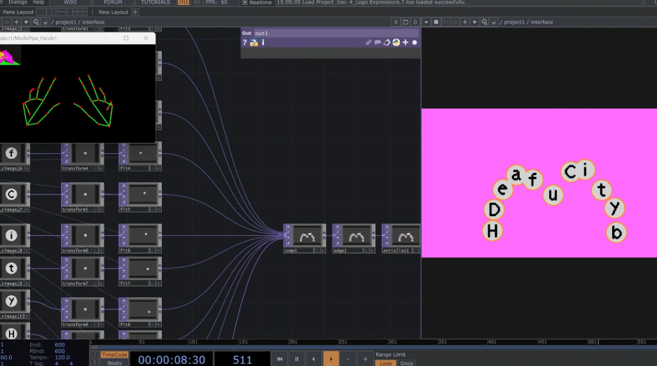 Captura de TouchDesigner mostrando el sistema de nodos que traduce gestos de mano en letras
